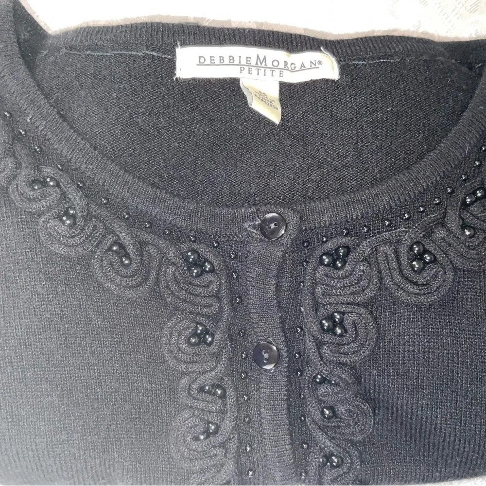 Debbie Morgan Jeweled Trim Black 3/4 Sleeve Cardigan Women Size Petite Small - Picture 4 of 10